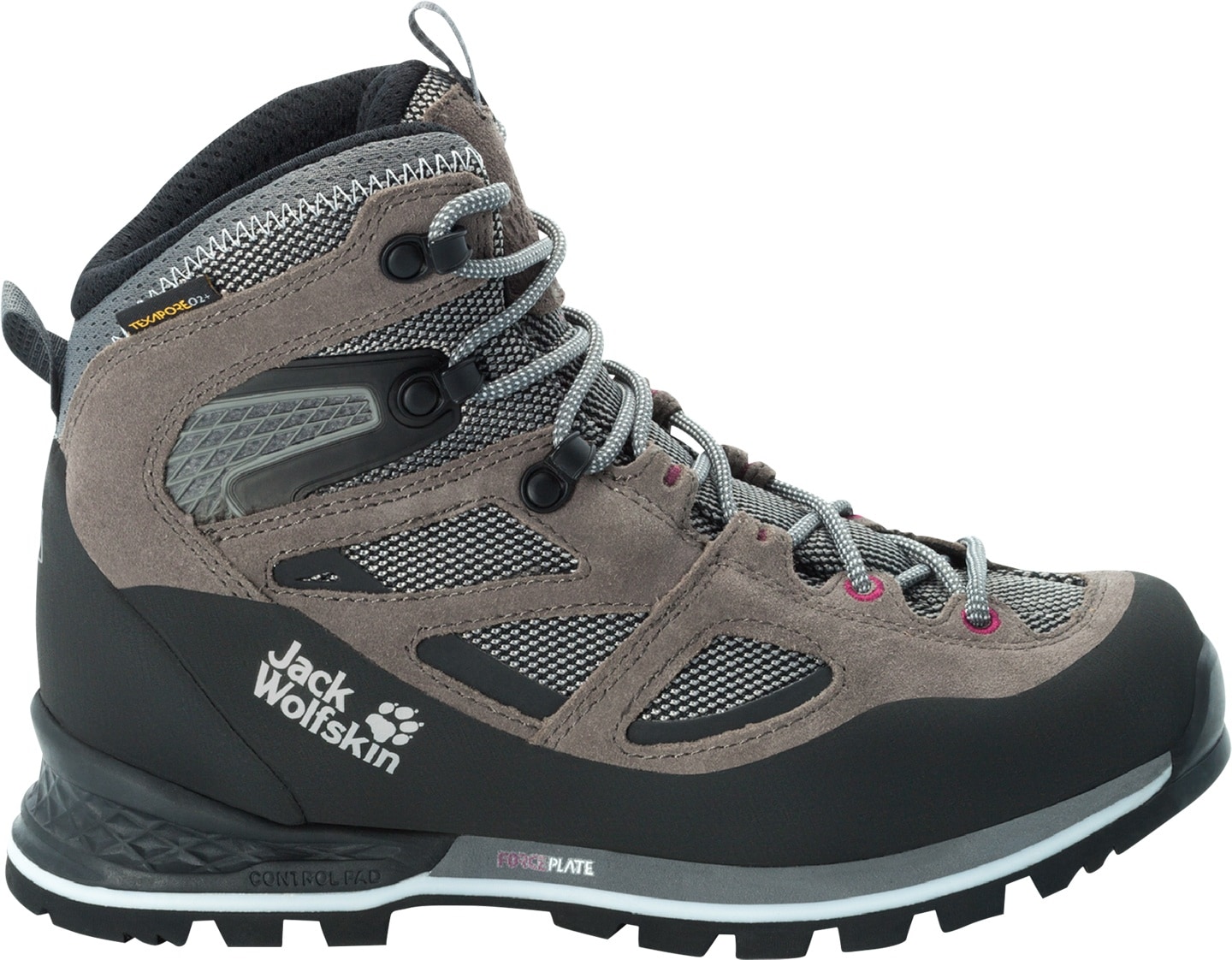 Trekkingschuh JACK WOLFSKIN "FORCE CREST TEXAPORE MID W", Damen, Gr. UK 3 - EU 35,5, Normalschaft, grau (tarmacgrau, pink), Oberstoff: Synthetik; ;Obermaterial 2: Textile; Futter: Texapore Ecosphere Pro;Sole: / EVA; 100% / EVA, Schuhe Trekkingschuh
