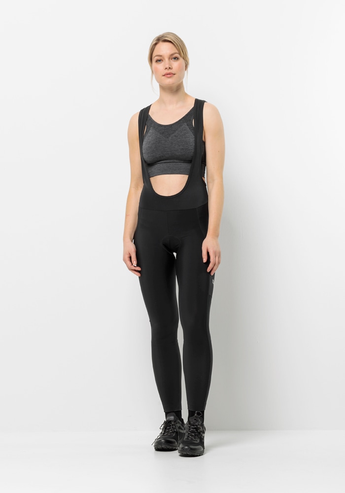 Fahrradhose JACK WOLFSKIN "MOROBBIA BIB TIGHTS W", Damen, Gr. S (36), Normalgrößen, schwarz, 1. OBERSTOFF 84% POLYAMID, 16% ELASTHAN 2. OBERSTOFF 80% POLYAMID, 20% ELASTHAN 3. OBERSTOFF 85% POLYESTER, 15% ELASTHAN, Hosen Image