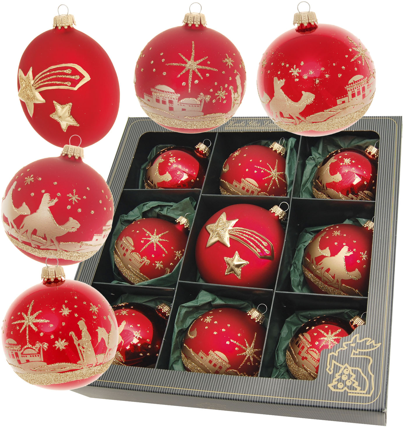 Weihnachtsbaumkugel KREBS GLAS LAUSCHA "Bethlehem Xmas Night, 8 Kugeln, 1 Taler mit Komet & Stern, 8 cm", rot, Ø:8cm, Glas, Weihnachtsbaumkugeln, Weihnachtsdeko, Christbaumschmuck, Christbaumkugeln aus Glas Image