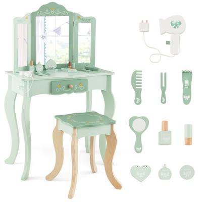 Costway Kids Vanity Set with Tri-folding Mirror-Green