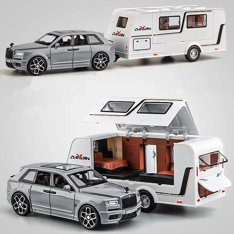1/32 Legierung Anhänger RV Lkw Auto Modell Diecast Metall Freizeit Geländewagen Camper Auto Modell Sound und Licht Kinder Spielzeug Geschenk Image