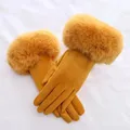 Women Faux Rabit Fur Wrist Suede Leather Touch Screen Driving Glove Winter Warm Plush Thick Full