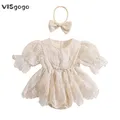 VISgogo 0-24Months Baby Girls Lace Romper Dress Set Summer Floral Embroidery Short Sleeve Jumpsuits