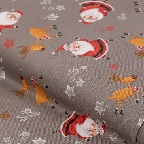 Tissu coton sergé « Père Noël & ses rennes », taupe/multicolore