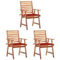 moobody Set of 3 Garden Chairs with Red Cushion Acacia Wood Patio Dining Chair for Balcony Terrace Outdoor Furniture 22in x 24.4in x 36.2in