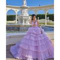 Exquisite Lavender Tulle Tiered Ruffle Evening Dresses 2023 Sexy Deep V Neck Beaded Sleeveless Formal Prom Party Gowns Robe De Soiree