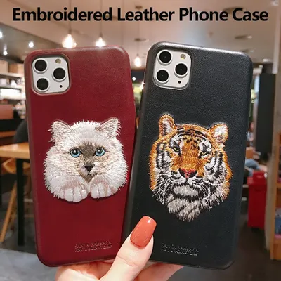 3D-gestickte süße Katze Wolf Tiger Bär Leder Handyhülle für iPhone 14 Pro Max Schutzhülle für iPhone 13 Pro Max 13 Pro