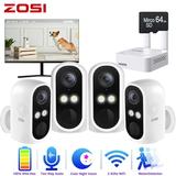 ZOSI Battery Wireless WiFi Security Camera System for Pet 2K 8CH Powered Outdoor Indoor Security System with 4 Cams 100% Wire-Free System with Two Way Audio Color Night Vision 64GB SD Card