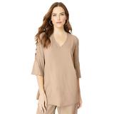 Plus Size Women's Embellished Lattice-Sleeve Ultrasmooth® Fabric Top by Roaman's in New Khaki Sparkle (Size 22/24)