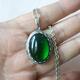 Antique Silver Locket Oval Green Glass Cabochon Jewel Gem Stone Emerald Chain Necklace