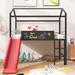 Black+White Metal House Bed with Slide and Two-Sided Writable Wooden Board, Twin Size Loft Bed with Playhouse Design