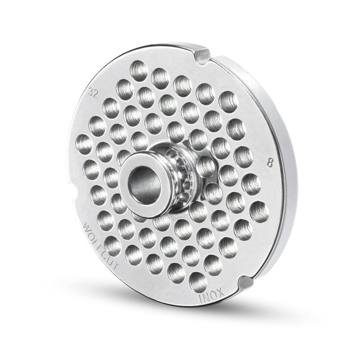 WOLFCUT Fleischwolfscheibe mit Nabe und 3 Nuten INOX-Stahl Größe 32 - 8,0 mm Bohrung kompatibel mit BIZERBA FW-N32 / ALEXANDERWERK 32 / OMEGA TH32 Image