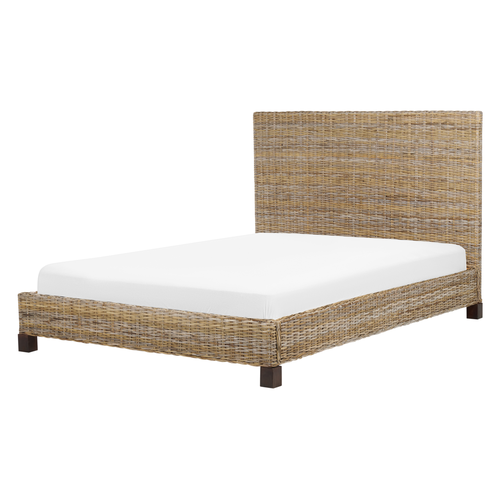 Bett Natürlich Rattan und Mahagoniholz mit Lattenrost 140 x 200 cm Hohes Kopfteil Boho Doppelbett Schlafzimmer Ausstattung Möbel