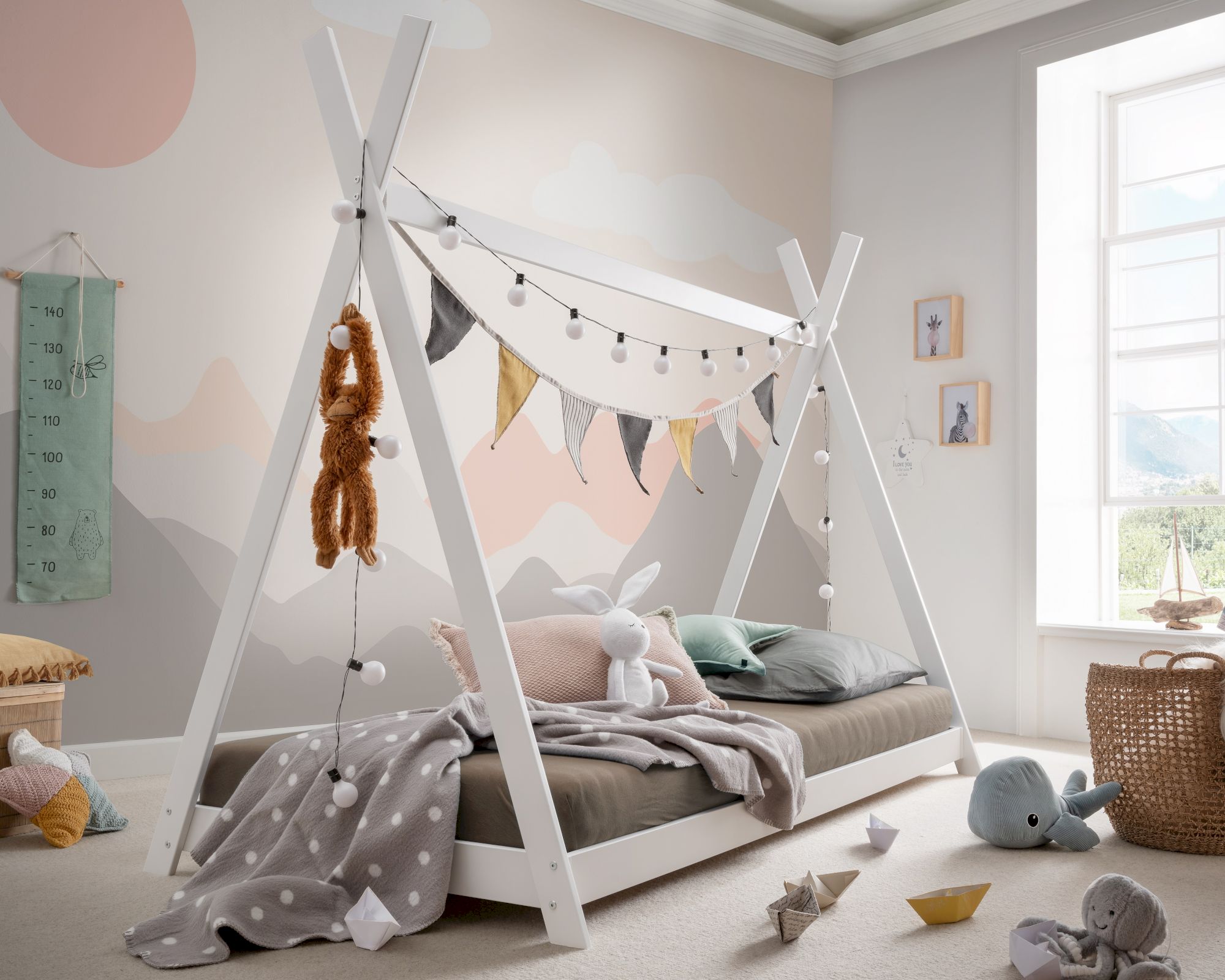 INFANSKIDS »Pinocchio« Tipi-Bett weiß Buche weiß lackiert / Stoffdach Mint / ohne Rost