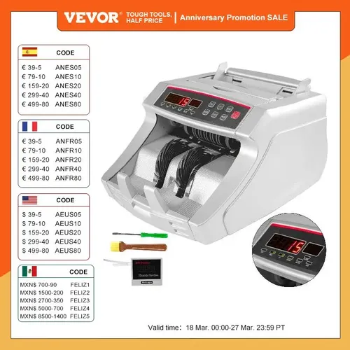 VEVOR Geldzählmaschine Scheine 2829A Geldzählmaschine Münzen 1000 Banknoten pro Minute Geld Zähler
