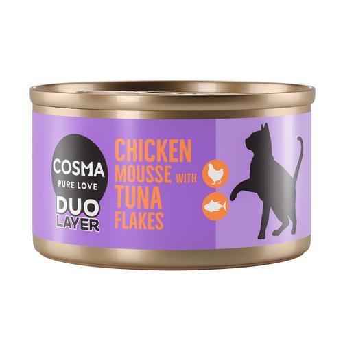 24x70g Cosma DUO Layer: Hühnchenmousse mit Thunfischstückchen Katzenfutter Nass