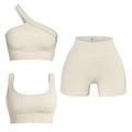 OQQ Damen 3 Stück Outfits Gerippte Nahtlose Übung U-Ausschnitt Sport BH One Shoulder Tops Hohe Taille Shorts Active Set, Beige, M