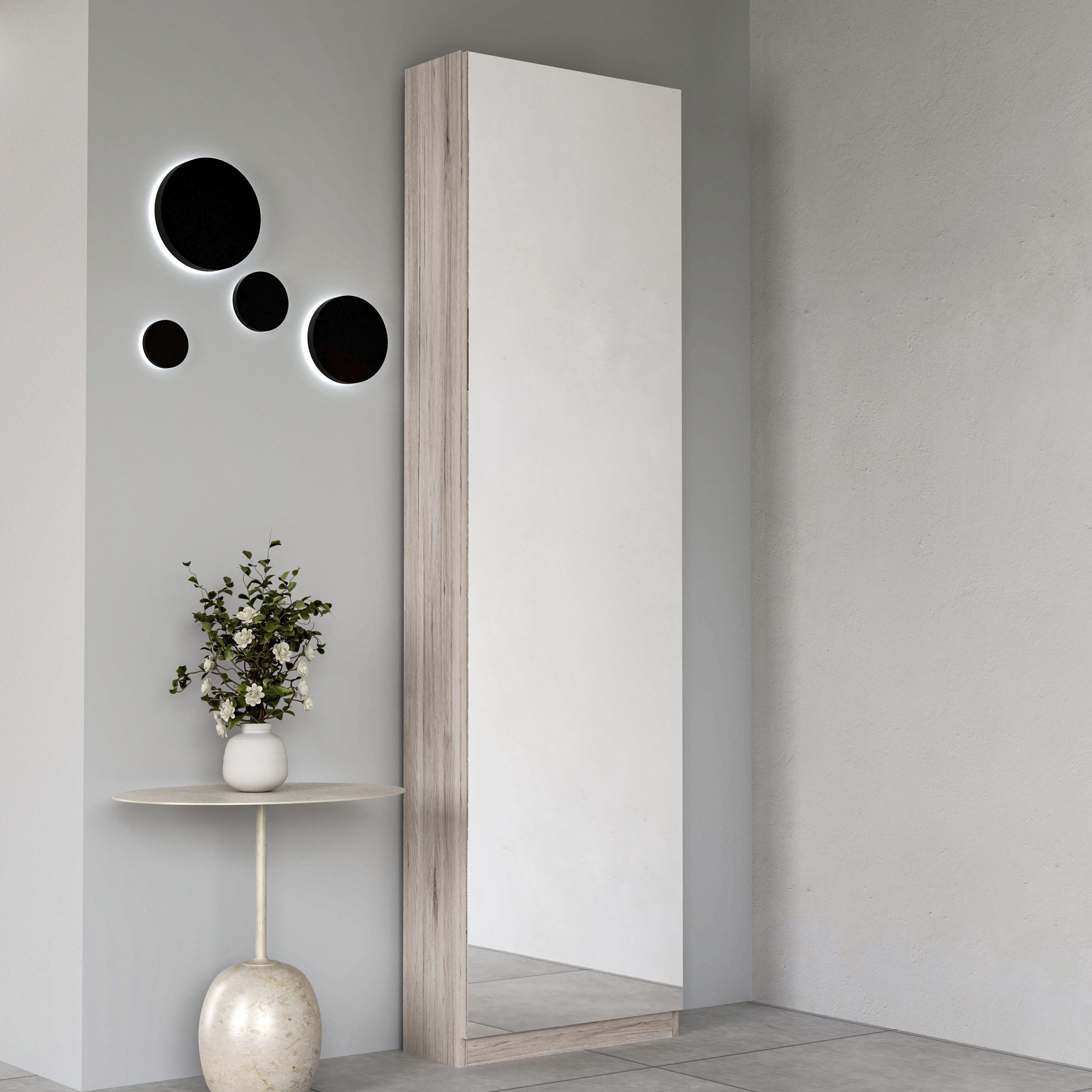 Schuhschrank FORTE "Calma Schuhschrank, Spiegeltüre, 12 Paar Schuhe, Türanschlag wählbar", braun (sandeiche), B:50cm H:179,7cm T:20cm, Spanplatte, Schränke, Schuhschrank, Schuhschrank mit Spiegeltüre, 180cm hoch, 12 Paar Schuhe