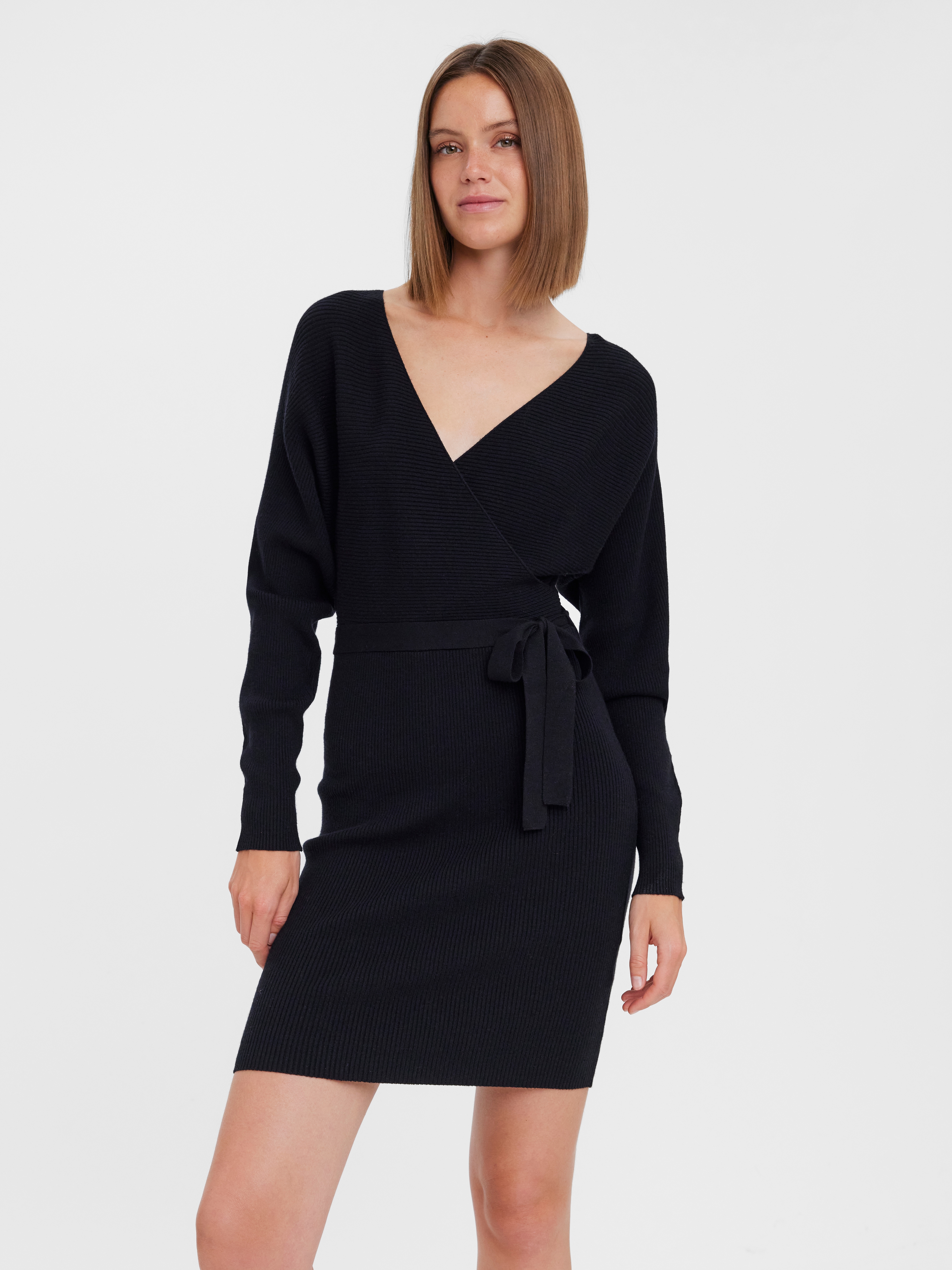 Strickkleid VERO MODA "VMHOLLYREM LS V-NECK DRESS GA NOOS", Damen, Gr. L, N-Gr, schwarz, Web, Obermaterial: 50% Viskose, 28% Polyester, 22% Nylon, regular fit, V-Ausschnitt, Kleider Strickkleid