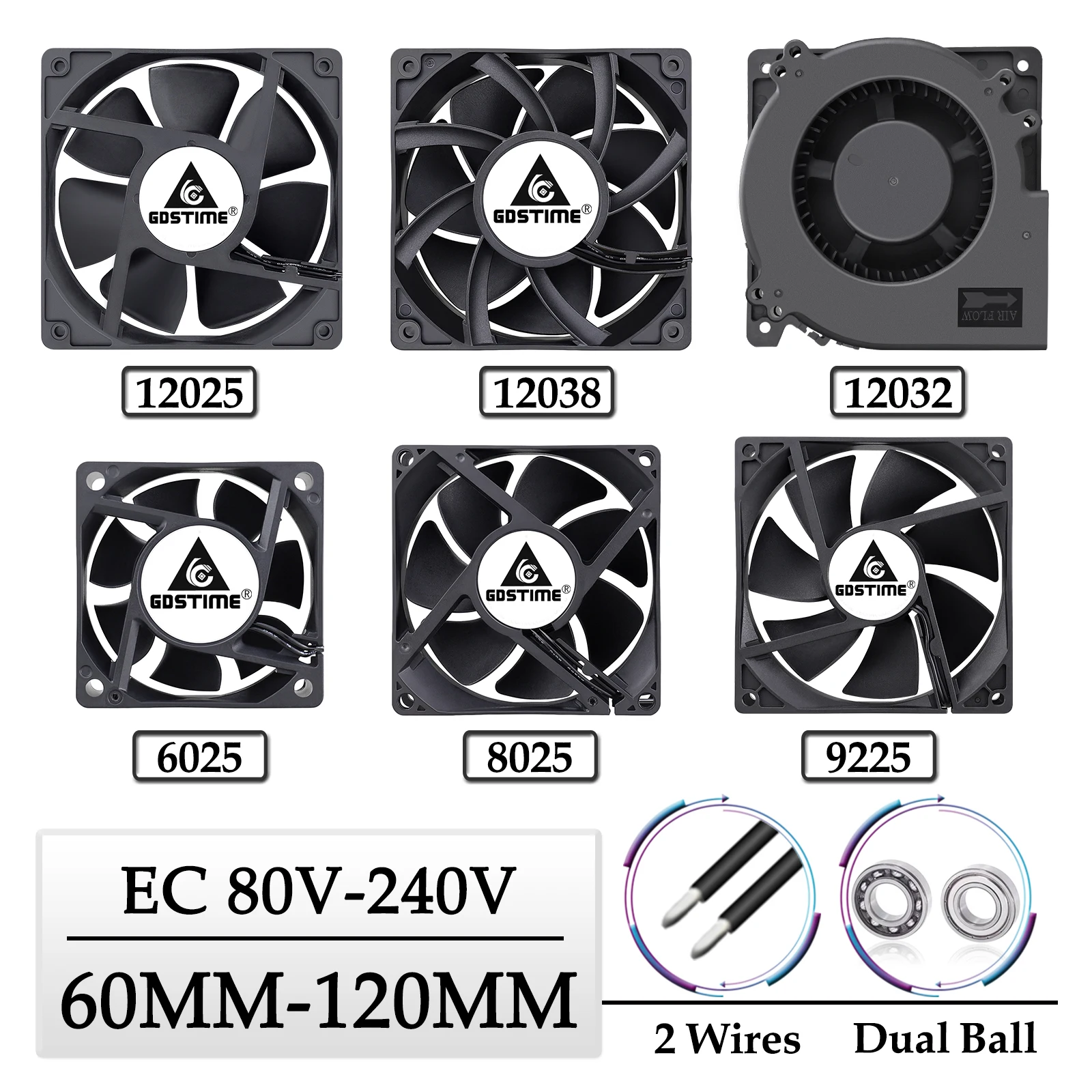 GDSTIME EC Axialventilator 60 mm 80 mm 90 mm 120 mm Dual Ball Bürstenloser PC-Kühler AC 110 V 120 V 220 V 230 V 240 V 12025 8025 Computergehäuselüfter Image