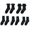 Women Lolita Black Crew Socks Gothic Frilly Ruffled Lace Striped Ankle Hosiery M6CD