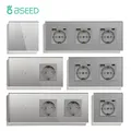 BSEED Wall Light Switch Touch 1/2/3Gang Sensor Switch With EU Power Socket USB Gray Glass Panel EU