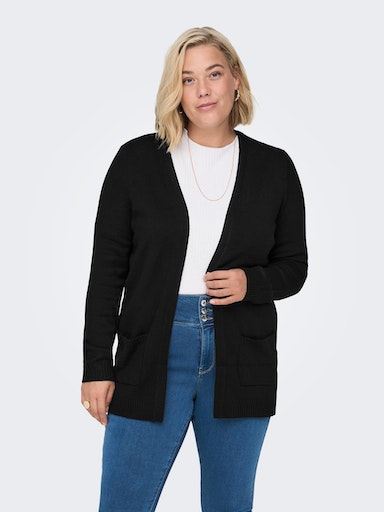 Strickjacke ONLY CARMAKOMA "CARESLY L/S OPEN CARDIGAN NOOS KNT", Damen, Gr. L, schwarz, Strick, Obermaterial: 50% Viskose, 27% Nylon, 23% Polyester, unifarben, regular fit hüftbedeckend, V-Ausschnitt, Rippstrickbündchen, Strickjacken Strickjacke