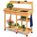TANGZON Garden Potting Table, Wooden Potting Bench with Large Sink, Drawer, Open Shelves & 3 Hooks, Outdoor Gardening Flower Plant Workstation for Patio Balcony Yard Lawn (Natural)