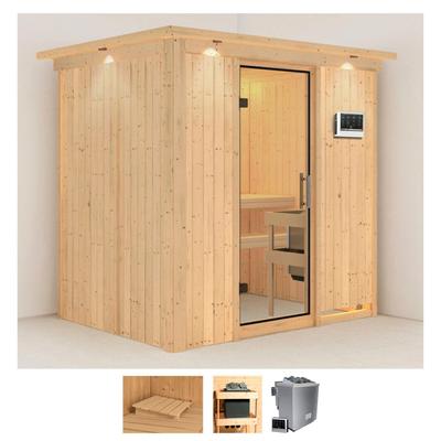 Sauna KARIBU "Bedine", beige (naturbelassen), Bio-Kombiofen, externe Steuerung, 9 kW, Saunen, 9 KW-Bio-Ofen mit externer Steuerung