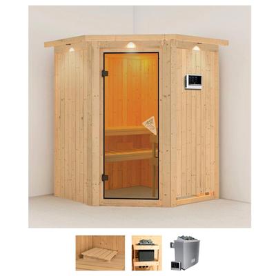 Sauna KARIBU "Larin", beige (naturbelassen), Saunaofen, externe Steuerung, 9 kW, Saunen, 9 KW-Ofen mit externer Steuerung
