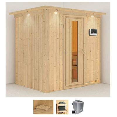 Sauna KARIBU "Bedine", beige (naturbelassen), Bio-Kombiofen, externe Steuerung, 9 kW, Saunen, 9 KW-Bio-Ofen mit externer Steuerung