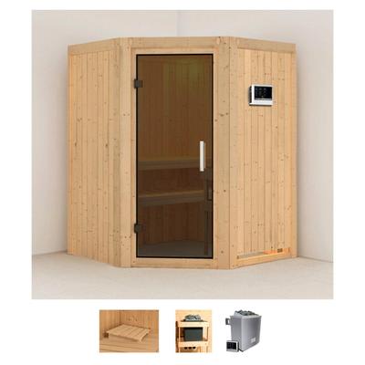 Sauna KARIBU "Larin", beige (naturbelassen), Saunaofen, externe Steuerung, 9 kW, Saunen, 9 KW-Ofen mit externer Steuerung