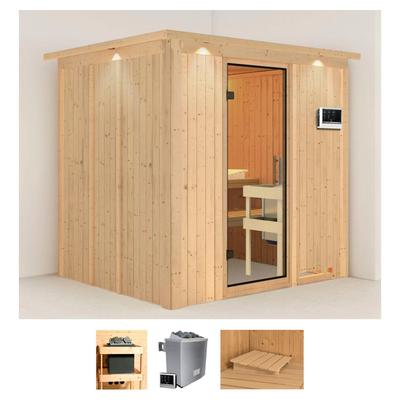 Sauna KARIBU "Sodin", beige (naturbelassen), Saunaofen, externe Steuerung, 9 kW, Saunen, 9 KW-Ofen mit externer Steuerung