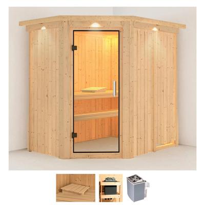 Sauna KARIBU "Clara", beige (naturbelassen), Saunaofen, integrierte Steuerung, 9 kW, Saunen, 9 KW-Ofen mit integrierter Steuerung