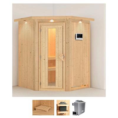Sauna KARIBU "Larin", beige (naturbelassen), Saunaofen, externe Steuerung, 9 kW, Saunen, 9 KW-Ofen mit externer Steuerung