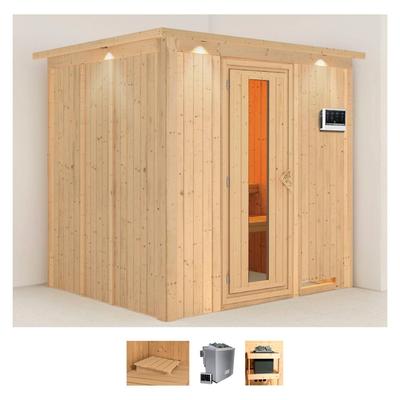 Sauna KARIBU "Sodin", beige (naturbelassen), Bio-Kombiofen, externe Steuerung, 9 kW, Saunen, 9 KW-Bio-Ofen mit externer Steuerung