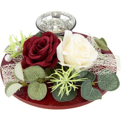 Teelichthalter I.GE.A. "Mit Glaseinsatz und Teelichtkerze, künstlichen Rosen Eukalyptus", rot (rot, weiß), B:17cm H:6cm, Polyester, Kerzenhalter, Kerzenständer Kerzenhalter Tischdeko Kerzen Muttertag Valentinstag Image
