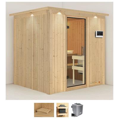 Sauna KARIBU "Sodin", beige (naturbelassen), Bio-Kombiofen, externe Steuerung, 9 kW, Saunen, 9 KW-Bio-Ofen mit externer Steuerung