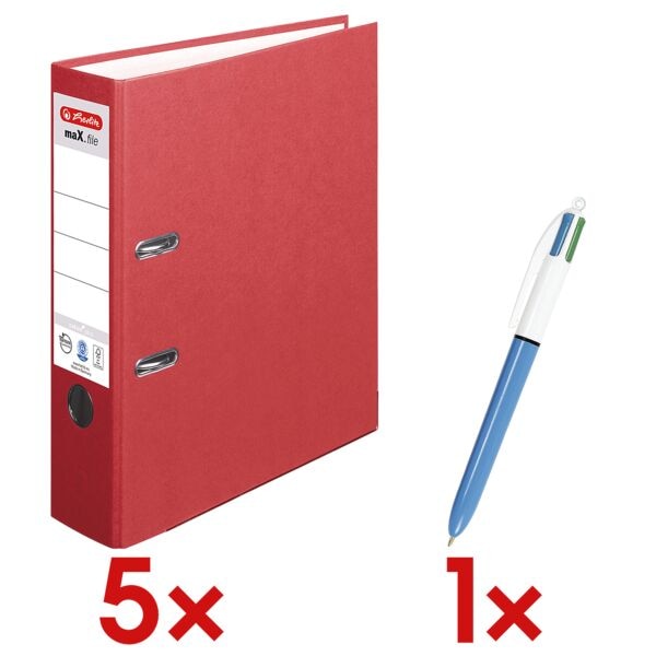 Herlitz 5x Ordner »maX.file nature plus« breit inkl. 4-Farb-Kugelschreiber »4 Colours« rot, 8x31.8x28.5 cm Image