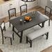 6-Piece Dining Table Set, Solid Wood Rectangular Large Dining Table with 4 Circle Decoration Upholstered Chairs & Padded Bench