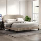 3 Pieces Bedroom Set Modern Linen Curved Upholstered Beige Platform King Bed with Two Black Cherry Nightstands