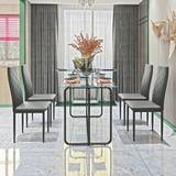5-piece Metal Frame Rectangle Dining Table Set with Tempered Glass Tabletop Table & 4 Diamond Shaped PU Soft Leather Chairs