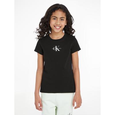 T-Shirt CALVIN KLEIN JEANS "MICRO MONOGRAM TOP", Mädchen, Gr. 16 (176), schwarz (ck schwarz), Single Jersey, Obermaterial: 100% Baumwolle, unifarben, casual, regular fit, Rundhals, Kurzarm, Shirts, für Kinder bis 16 Jahre Image