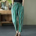 Vintage All-match Elastic Waist Striped Cropped Pants Female Summer Fashion Cotton Linen Thin Casual