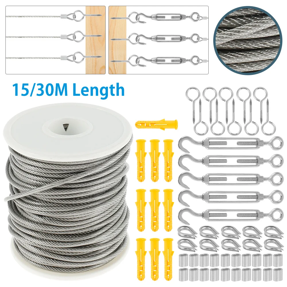 30/15 m Drahtkabel, Edelstahl, robust, Drahtkabel, Gartengeländer, Draht, Zaun, Rollen-Sets für Outdoor-Zelt-Reinigungsseil Image