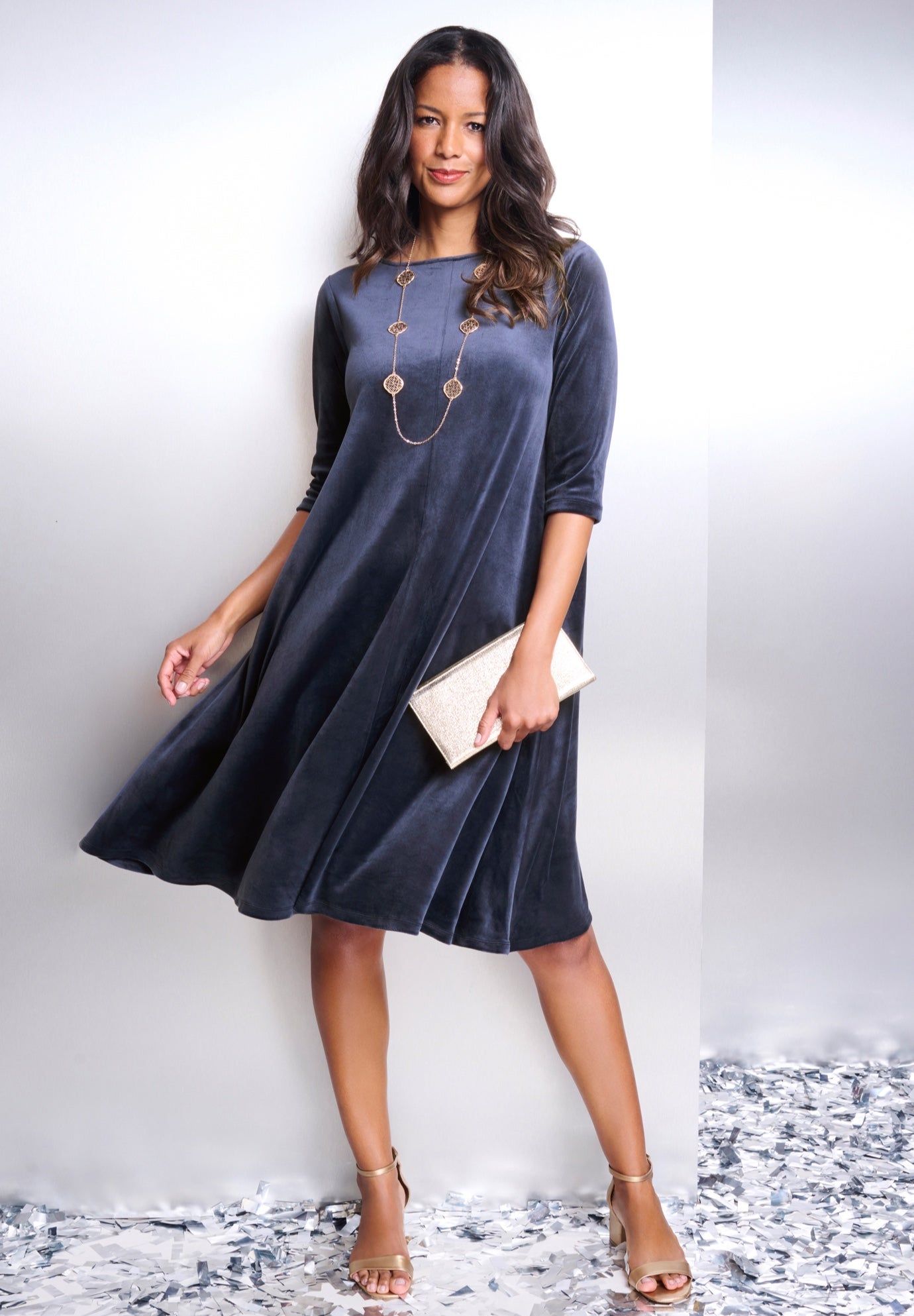 Plus Size Women's Velour Swing Drape Dress by Roaman's in Navy (Size 26/28)