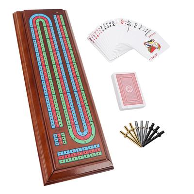 GSE™ 3-Track Wooden Cribbage Board Box with 2 Deck Playing Cards, 9 Metal Pegs and Drawer