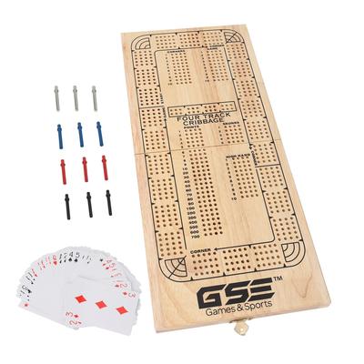 GSE™ 4-Track Wooden Folding Cribbage Board with Playing Card, 12 Metal Pegs and Storage Area