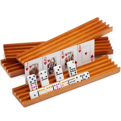 GSE™ Set of 4 Wood Domino & Playing Card Racks, Wooden Domino Trays/Holders for Mexican Train Dominoes and Cards Games