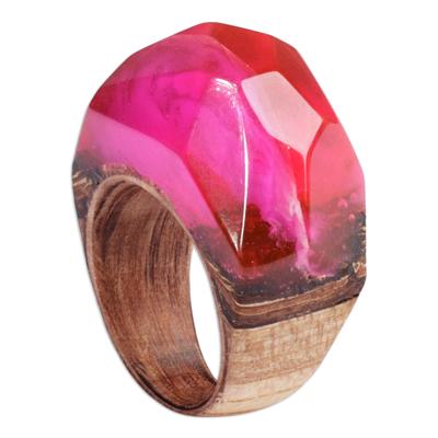 Pink Splendor,'Handcrafted Apricot Wood and Resin Domed Ring in Fuchsia'